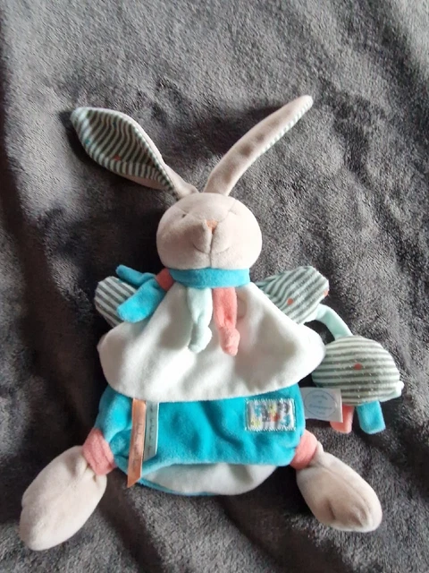Doudou Et Compagnie Lapin marionnette Happy Puzzle Blanc Bleu