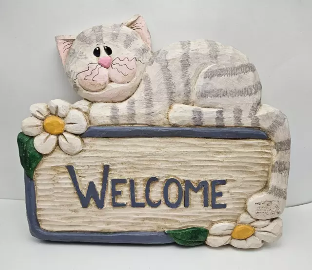 Cat Welcome Plaque Whimsical 3D Folk Art Style Kitty Cat Resin Wall Hanging