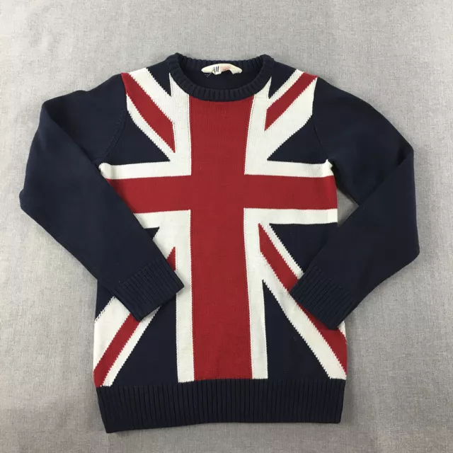 H&M Kids Boys Knit Sweater Size 9 - 10 Years Navy Blue UK Flag Pullover Jumper