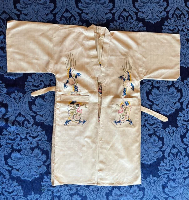 Antique 1920's Hand Embroidered Child's Linen Kimono/Robe with Playful Dragons