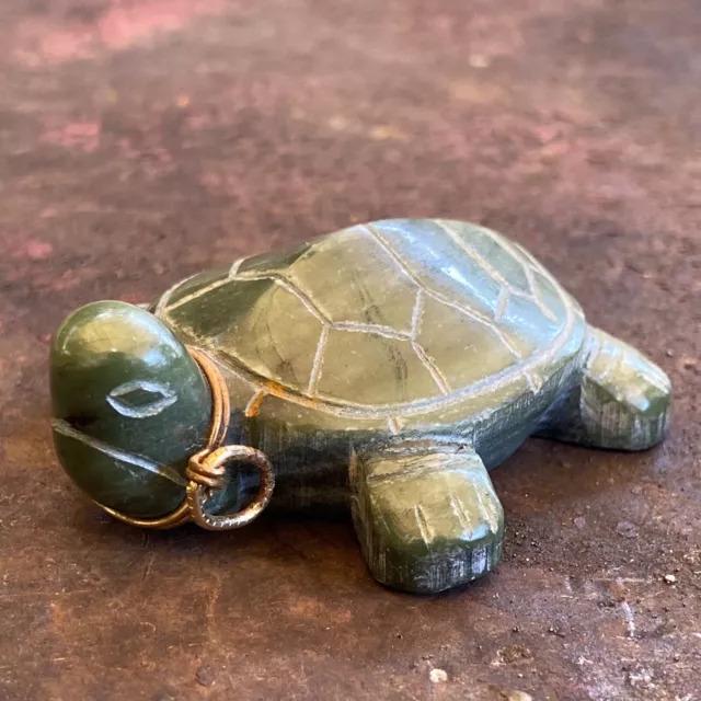 2.5” Longevity Turtle Ornament Antique  Pendant Retro Jade Like Stone Carved 3