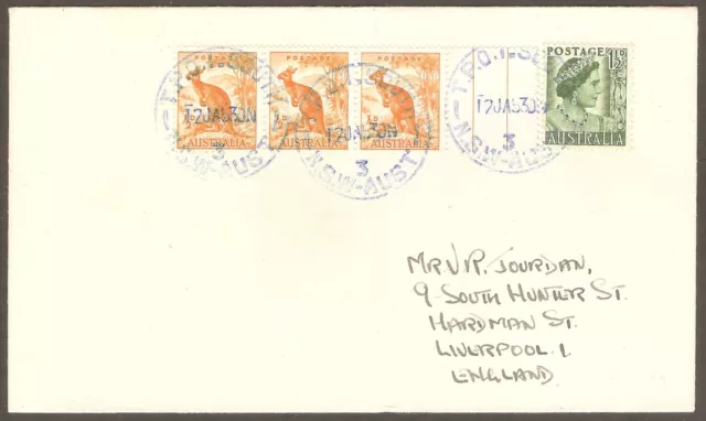 AUSTRALIA 1953: "TPO 1 SOUTH 1 / 3" COVER - 3 strikes in blue