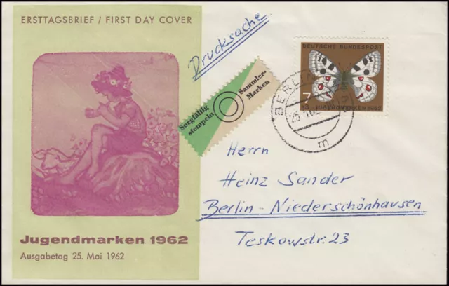 376 Jugend: Schmetterlinge 7 Pf EF FDC Drucksache Ersttagsstempel Berlin 25.5.62