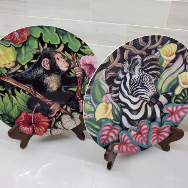 Fitz and Floyd Exotic Jungle Plates Monkey &Zebra Pair Set of 2 Plate Wall