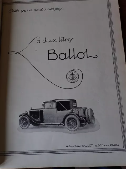BALLOT 2 litres automobile publicité papier ILLUSTRATION  AUTO 1926 col