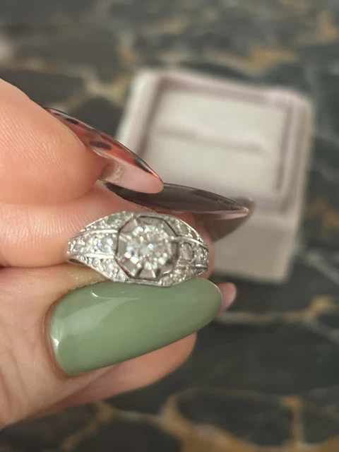 Bague En Or Gris 18K Et Platine Avec Diamants - Taille 55, Style Art Déco, Occasion