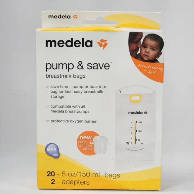 Medela Pump & Save Breastmilk Bags (1 Box = 20 5oz/150 ml Bags And 2 Adapters)