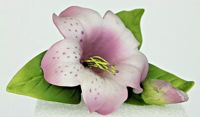 VTG. Porcelain Azalea Flower W/Bud & Green Leaves, Violet Colored Mint Condition