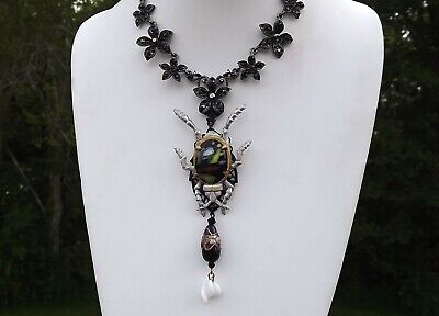 Vintage Art Deco Enamel Beetle Necklace Venetian Art Glass Beads Halloween