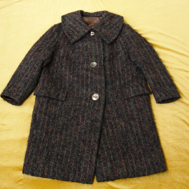 Cappotto vintage verde marrone mohair marrone misto lana con colletto grande taglia M UK 12