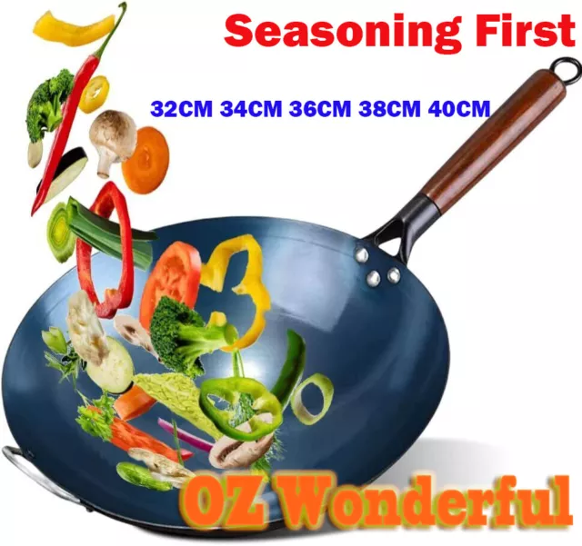 WOK PROFESSIONAL CARBON STEEL Wood Handle Flat Base.Wok Pan need Seasoned.