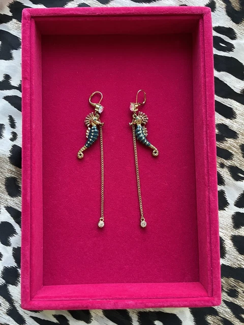 Betsey Johnson Vintage Sea Excursion Long Blue Seahorse Gold Chain AB Earrings
