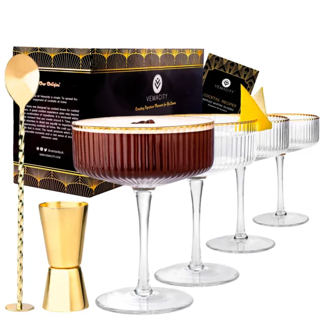 Ribbed Martini Glasses Set of 4 with Gold Rims, Bar Spoon & Double-sided Jigger