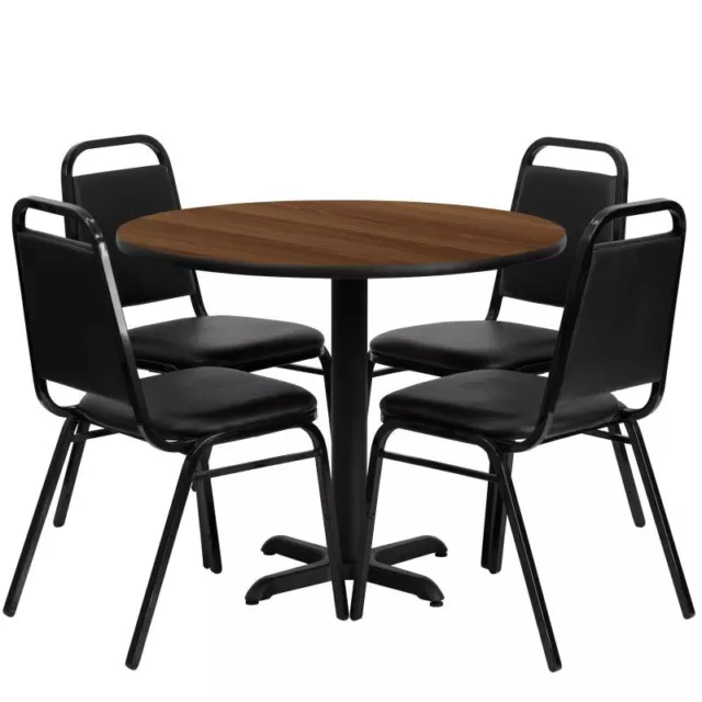 36'' Round Walnut Laminate Restaurant Table Set with 4 Black Banquet Chairs