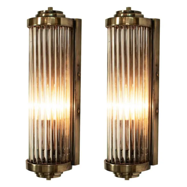 Pair Antique Old Vintage Art Deco Brass & Glass Rod Ship Light Wall Sconces Lamp