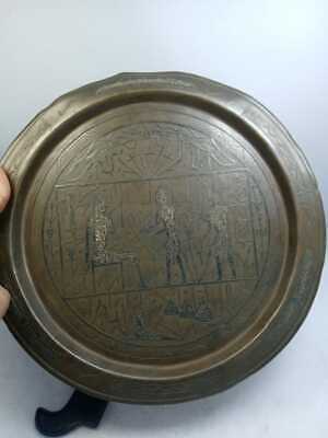 Antique Copper Egypt Tray Inlaid Silver Engraving Handmade Pharaonic Old Hanging