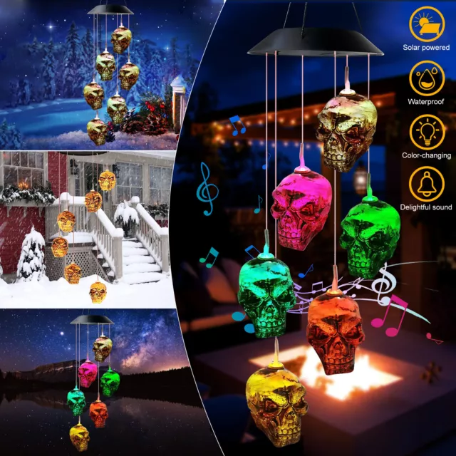 Solar Powered LED Skeleton Skull Wind Chime Color-Changing Light Outdoor Decor