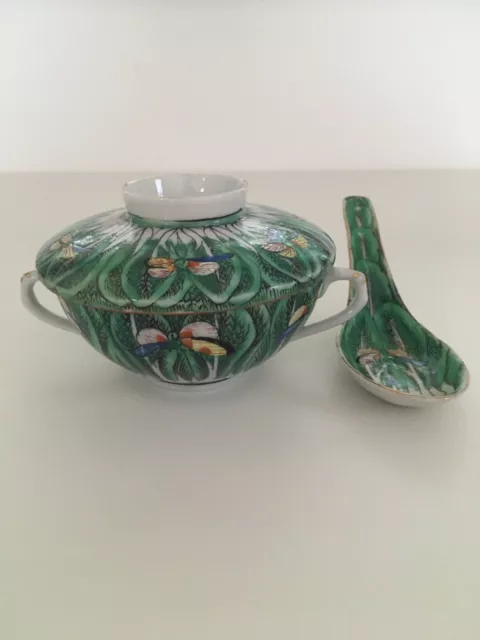 Vintage Chinese Famille Verte Cabbage Leaf & Butterfly Bowl/Tea Cup Lid & Spoon 