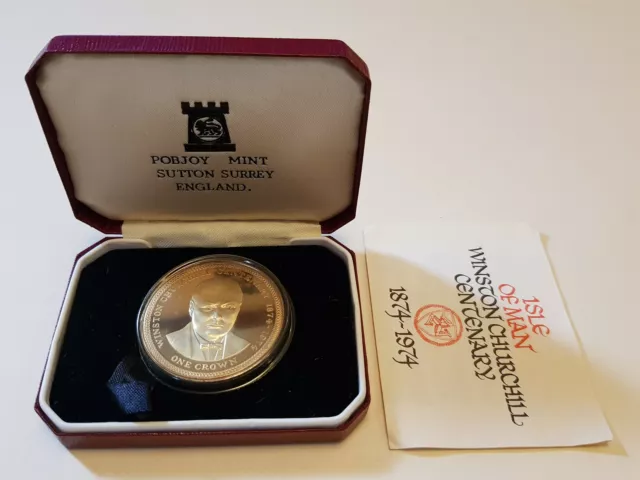 Pobjoy Mint Isle of Man Silver Proof Coin - 1874-1974 Churchill Crown + Case COA