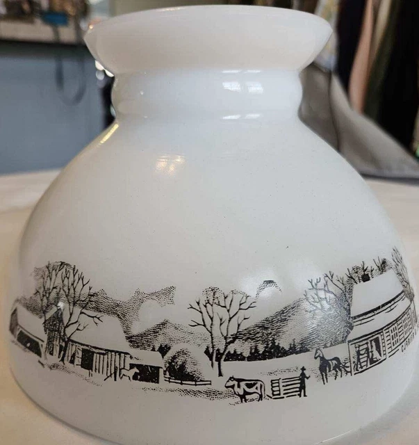 Vintage Currier and Ives Milk Glass Lamp Shade Horses Barn Black and White