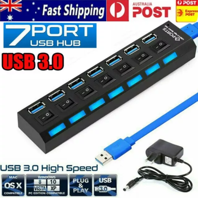 High Speed 7 Ports USB Hub 3.0 Powered Splitter Extender Cable On/Off Switch 12V