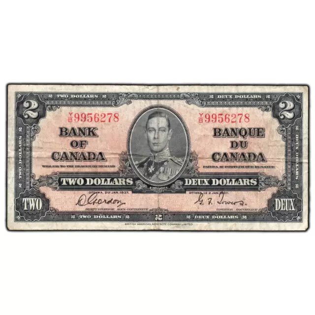 $2 1937 Bank of Canada Note Gordon-Towers Y/B Prefix BC-22b