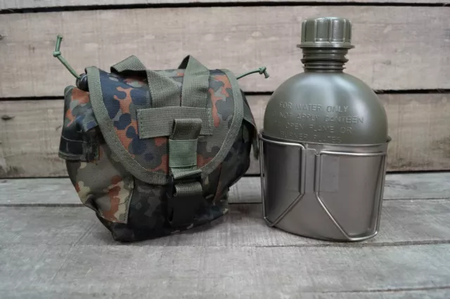 US Feldflasche Trinkflasche mit Edelstahl Becher Molle Tasche Flecktarn Gen.2 2