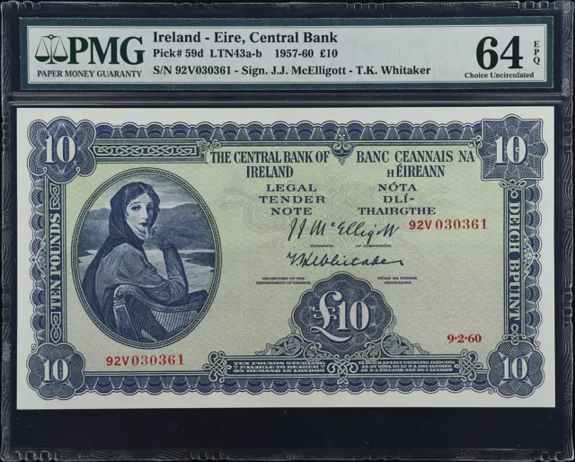 Ireland - Eire Central Bank 10 Pounds 1960 Lady Lavery Pick 59d PMG 64 EPQ