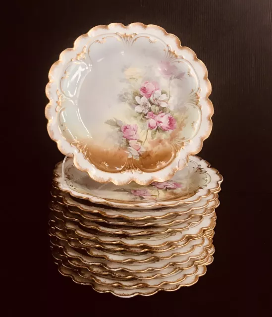 Set 12 Antique VTG GDA Limoges France Pink Roses Gold Trim Plate 8 1/2”D