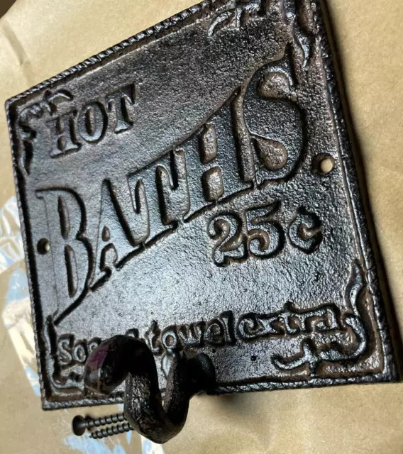 Hot Bath Sign Cast Iron Farmhouse Bathroom Decor Robe Metal Towel Wall Robe Hook