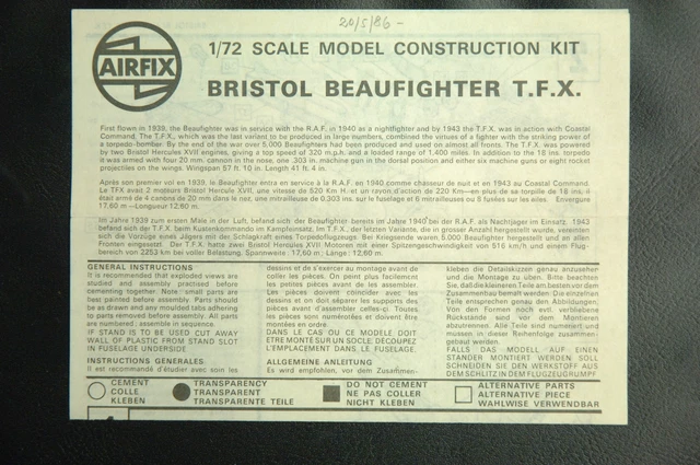 1/72ème   PLAN DE MONTAGE POUR BRISTOL BEAUFIGHTER T.F.X. - POUR KIT AIRFIX