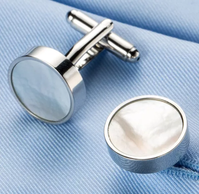 Silver Plated Cufflinks Gold White Mother of Pearl MOP Father Wedding Bridal