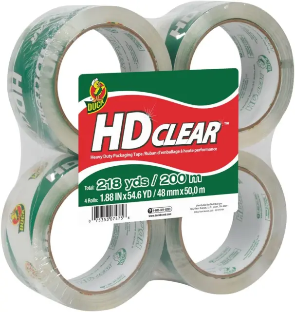 Duck HD Clear Packing Tape - 4 Rolls, 218 Yards - Heavy Duty Packaging Tape for