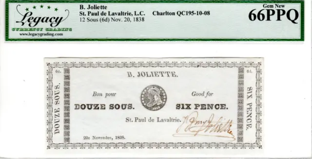 CANADA 6 Pence 1838 LCG GEM UNC-66 PPQ Banknotes CH-QC195-10-08 Merchant Scripts