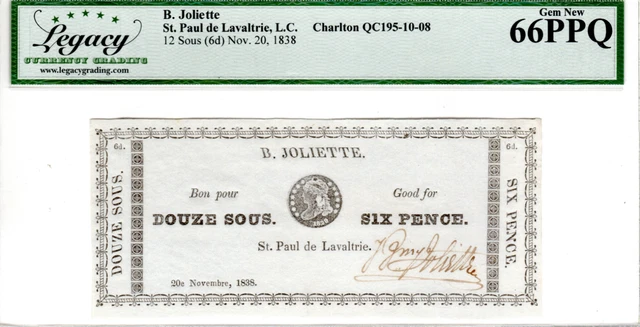 CANADA 6 Pence 1838 LCG GEM UNC-66 PPQ Banknotes CH-QC195-10-08 Merchant Scripts