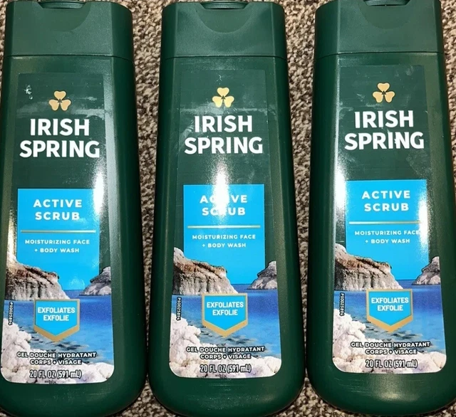 Lote de 3 exfoliantes activos Irish Spring frescos hidratantes lavado facial/corporal 20 oz. Nuevo con etiquetas