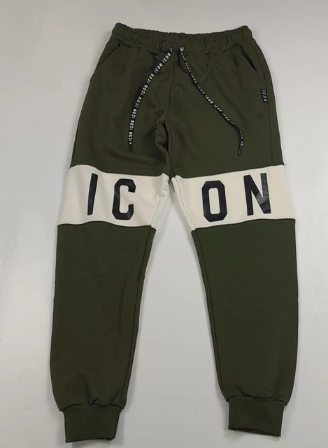 ICON Pantalone della Tuta Uomo Verde Cotone Felpato Inverno Comodo Maxi Logo