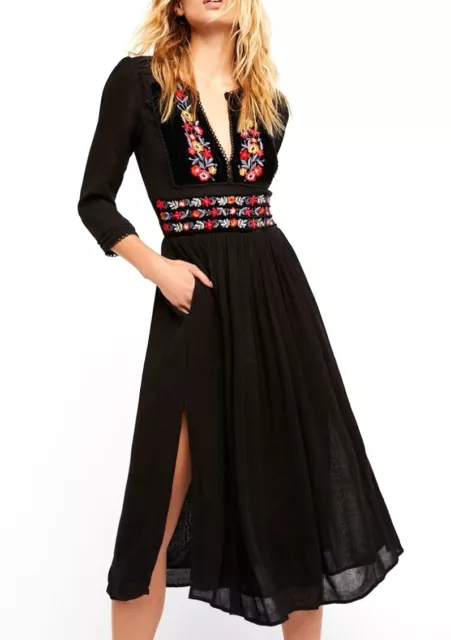 Free People Womens XS Black Midi Dress Floral Embroidered Vlevet Trim Side Slit