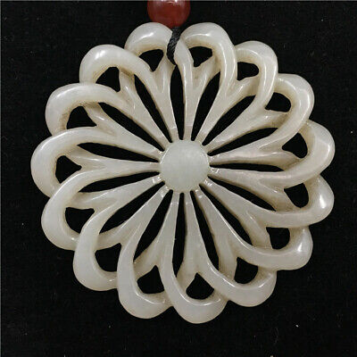 Chinese antique Natural hetian old jade hollow out handcarved flower Pendant