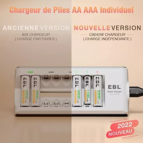EBL Chargeur de Piles Indépendant 8 Slots, pour Charger 1-8pcs AA AAA Ni-MH Ni-C 2