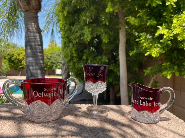 EAPG Souvenir Fair Ruby Red Flash Glass Set of 3 Iowa Cordial Double Handle Cup