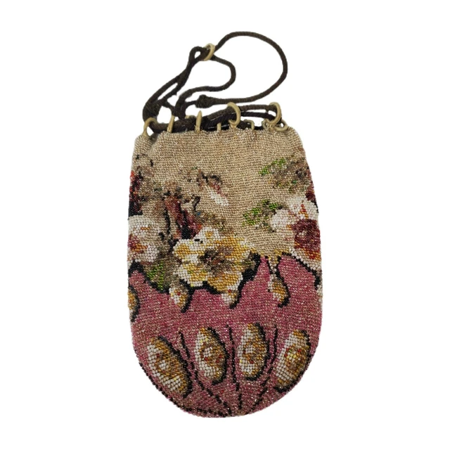 Flapper Art Deco Art Nouveau Glass Hand Beaded Purse Bag Floral Pink Victorian