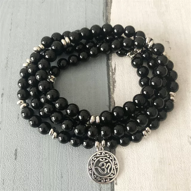 Pendentif 8 mm 108 perles de Bouddha onyx noir argent bracelet prière méditation bénédiction 2