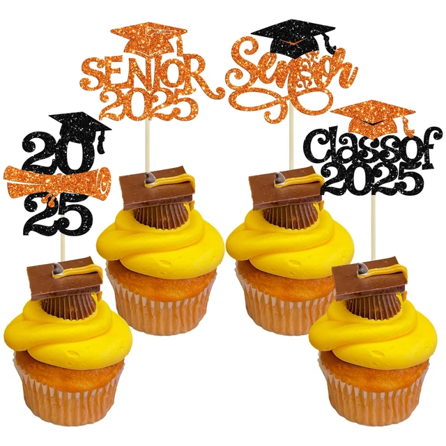 Gyufise 24-Pack Class Of 2025 Graduation Cupcake Toppers - Silver Glitter Grad Cap Picks For Cake Decorations
