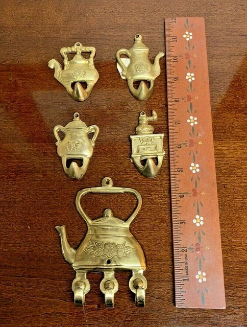 New - Lot of 5 Vintage Teapot Tea Coffee Grinder Sugar Bowl Brass  Hooks Hangers