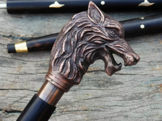 Handmade Walking Stick Wolf Head Antique Brass Handle Wooden Cane Vintage Decor