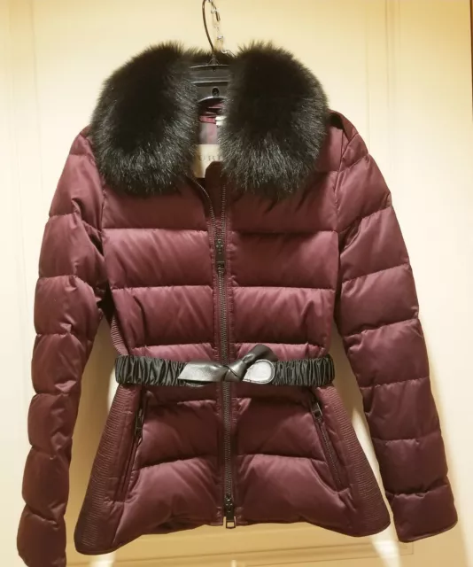Burberry Brit Burgandy Puffed Jacket, Fox Fur Collar,Leather Trim Belt New $399
