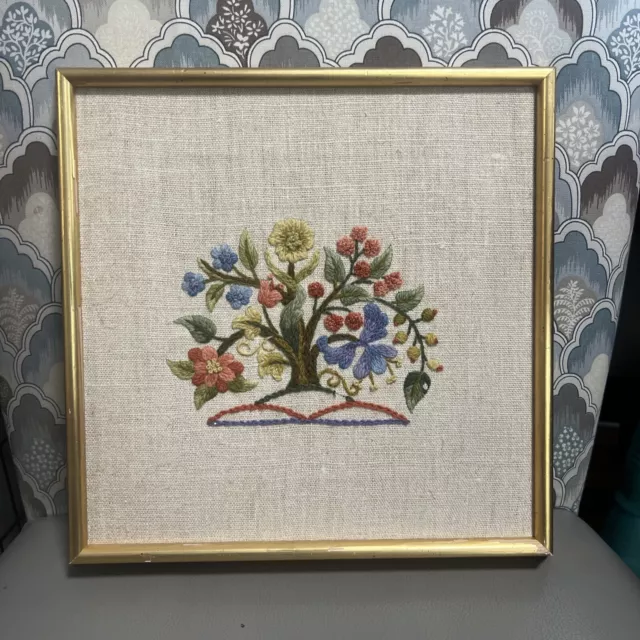 Crewel Embroidered Flower Bush Tree Framed Art 10x10 Vintage Cottage Floral