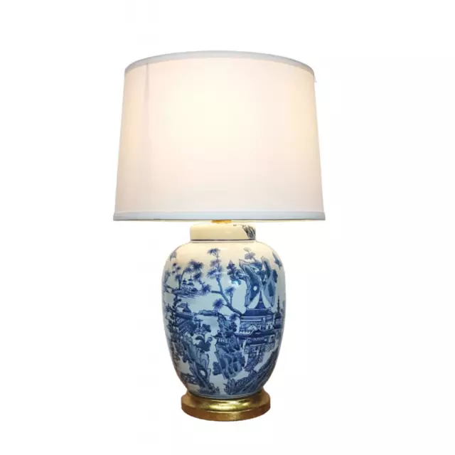Blaue Keramik Lampe Weißgold Chinesische Weide Orientalisches Porzellan Tischlampe M12947
