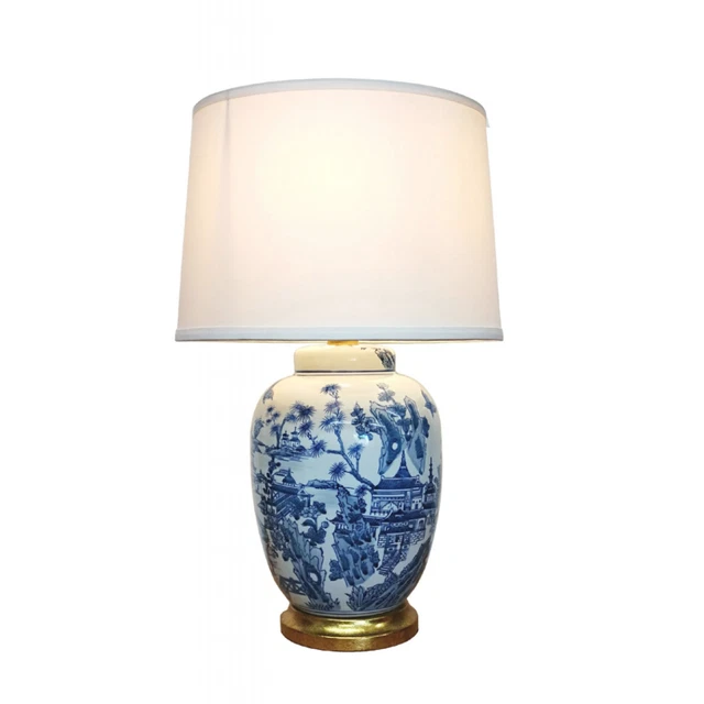 Blaue Keramik Lampe Weißgold Chinesische Weide Orientalisches Porzellan Tischlampe M12947